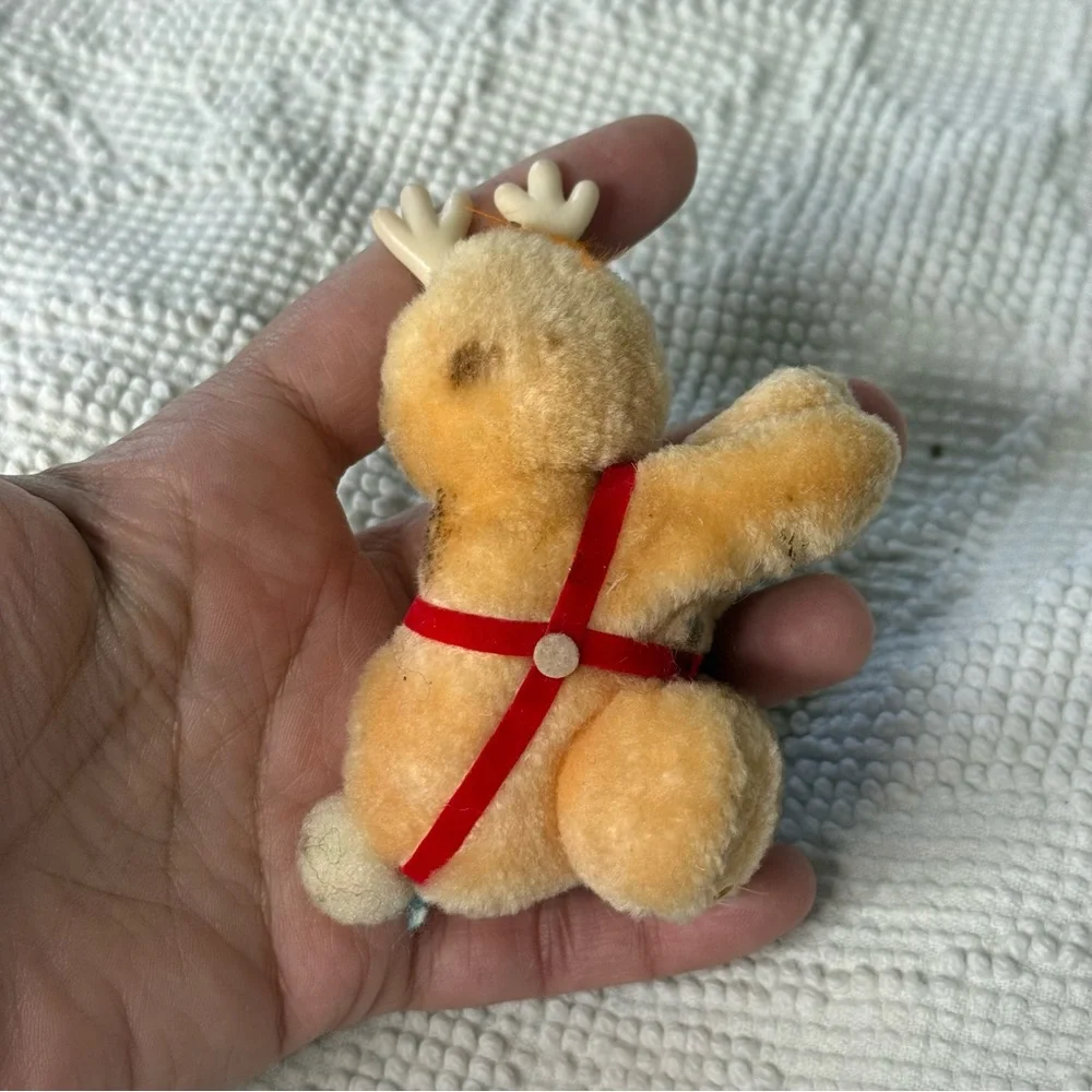 Vintage‎ Christmas Reindeer Plush Rubber Face Tan Red Harness MCM Toy 4 Inch